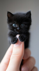 The cutest tiniest black kitten, small cat with adorable blinking eyes, holding onto a finger, surreal, 3D cartoon animation style for children animation movie film character development concept