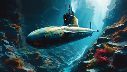 Surreal underwater journey of a submarine through dramatic and vibrant oceanic landscapes