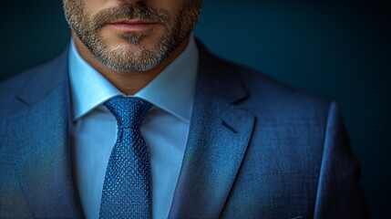 Wall Mural - A formal business professional in a tailored blue suit and tie poses confidently against a dark background for a corporate portrait