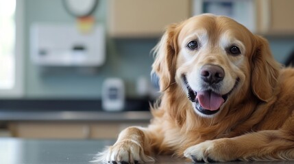 Sticker - A cheerful golden retriever resting on a table, showcasing a friendly demeanor.