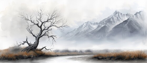 Wall Mural -  A watercolor tree before mountain range and foreground body of water