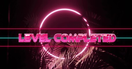 Poster - Level completed text animation over neon circle and palm leaves