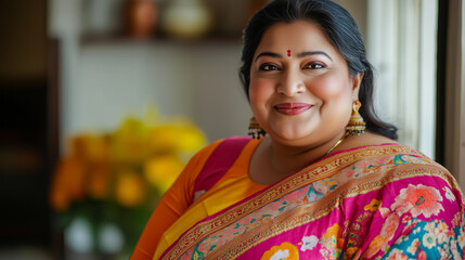 Poster - Happy plus size Indian woman dressed in a colorful saree