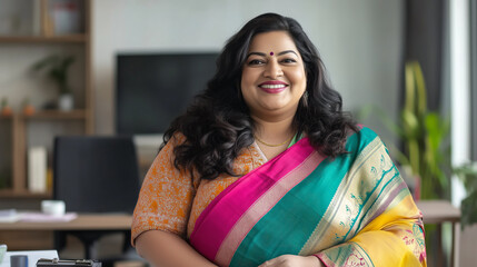 Poster - Happy plus size Indian woman dressed in a colorful saree