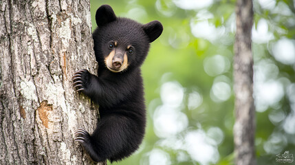 cub an bear side black tree american clings adorable baby claw climb animal cute forest fur mammal m