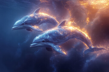 Stylized, abstract porpoises with glowing patterns in gray, blue, and white,