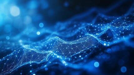 Poster - Abstract blue digital wave with glowing particles and connected nodes at night