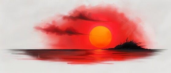 Wall Mural -  A sunset painting over a water body with an isle in its center