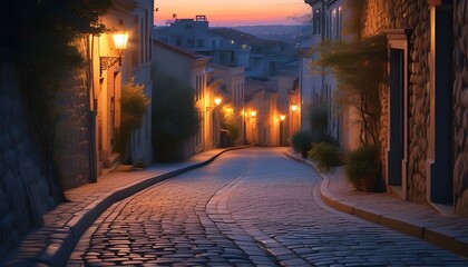 Cozy cobblestone street at dusk illuminated by warm street lamp glow, evoking a timeless ambiance in a charming neighborhood