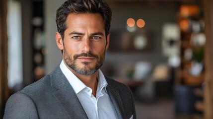 Wall Mural - A well-dressed man with a beard poses confidently in a modern interior, showcasing style and charm during an event