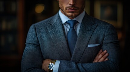 Sticker - A well-dressed man in a tailored gray suit stands confidently with arms crossed, showcasing elegance and professionalism in a dimly lit setting