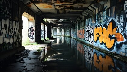 Mysterious urban decay in a forgotten tunnel adorned with graffiti and reflecting stagnant water