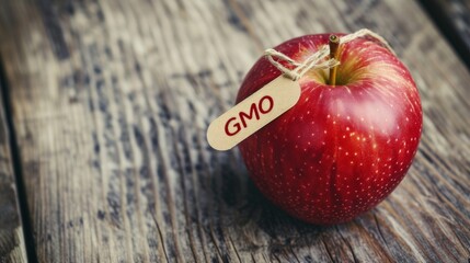 A red apple with a GMO tag tied to its stem, placed on a rustic wood background, symbolizing the ongoing discussion about genetically modified foods. The image is perfect for topics related to food