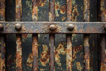 Time's Grip: A Close-up of Weathered Jail Bars, Rust Eating Away at the Past.