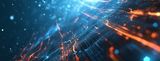 Poster - Abstract blue and orange digital lines with glowing particles on a dark background