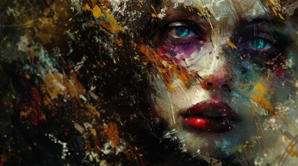 Canvas Print -  A woman's face, sharply focused, adorned with vibrant paint splatters covering every inch, including her eyes