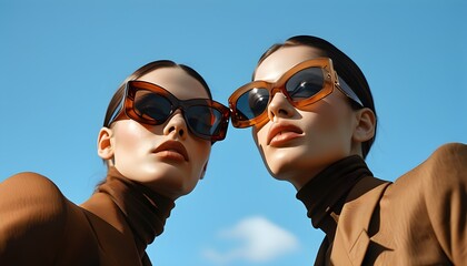 Elegant duo in oversized sunglasses and stylish tan outfits exuding luxurious confidence against a vibrant blue sky backdrop