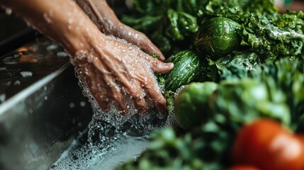 Wall Mural - Close-up of hands thoroughly washing fresh vegetables including lettuce and zucchinis under a stream of running water, emphasizing cleanliness and healthy food preparation.