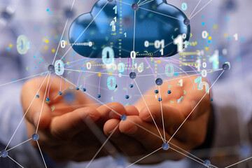Poster - Data cloud storage network from lines, triangles and particle style design.