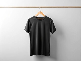 Wall Mural - A crisp black t-shirt mockup on a hanger against a clean white background, featuring a customizable space for