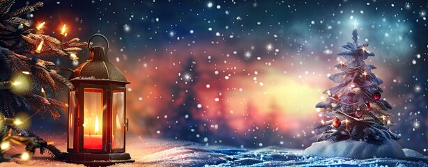 lantern with burning candle in snow on blue starry night sky background, wide banner for card design