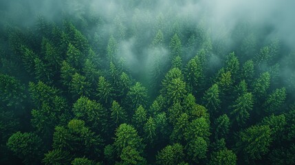 Wall Mural - lush green forest covered in mist showcasing vibrant trees in a serene landscape during early mornin