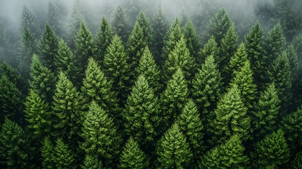Wall Mural - lush evergreen trees blanket a misty forest landscape on a serene morning in early autumn