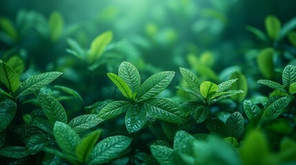 Wall Mural - lush green leaves glistening with dew in a tranquil forest during early morning sunlight