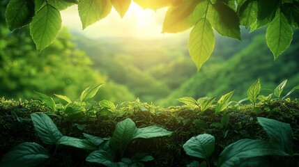 Wall Mural - sunlight filtering through lush green leaves in a serene mountain landscape during early morning hou