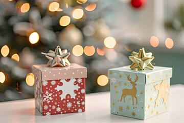 Cute and beautiful gift boxes with star and reindeer decoration on a white table, a tree in the background with lights in a bokeh style, copy space for text.