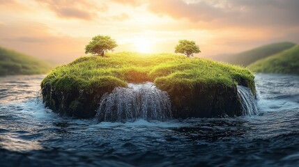 Wall Mural - a serene island with trees and waterfalls surrounded by tranquil water at sunset, enhancing the natu