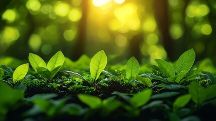 Wall Mural - fresh green leaves sprouting on the forest floor during a golden hour in a tranquil woodland setting