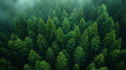 Wall Mural - lush green forest canopy viewed from above during a misty morning