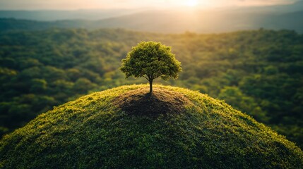 Wall Mural - a solitary tree stands on a lush green hilltop at sunrise, surrounded by a vast forest stretching in