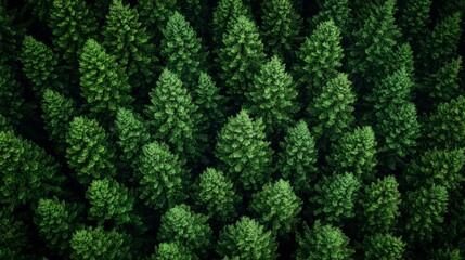 Lush green coniferous forest viewed from above showcasing dense tree canopies during bright daylight in a serene natural landscape