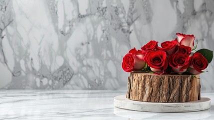 Poster - Elegant product display: wood stump, roses on white table, room for text.