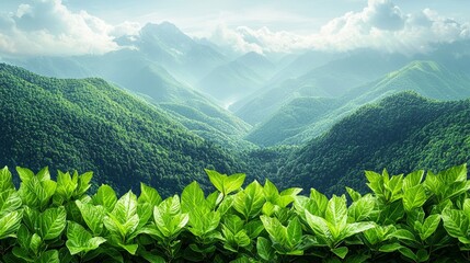 Wall Mural - lush green mountains under a cloudy sky with vibrant foliage in the foreground during daylight