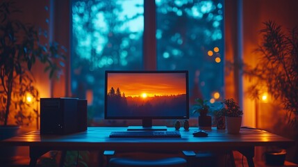 Poster - A cozy home office setup with a glowing sunset view through the window in the evening light
