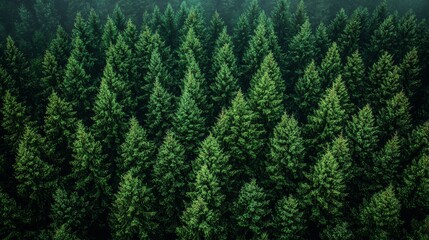 Wall Mural - aerial view of dense evergreen forest showcasing lush green trees in early morning light