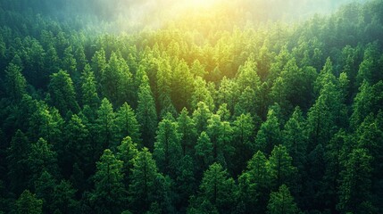 Wall Mural - lush green forest landscape under soft morning light with mist creating a serene and tranquil atmosp