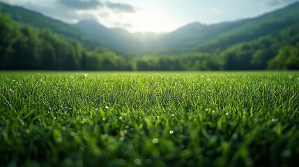 Wall Mural - morning light illuminating dew-covered grass in a tranquil valley surrounded by mountains
