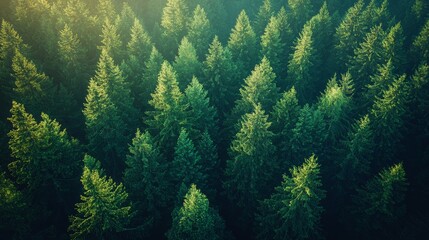 Wall Mural - aerial view of dense evergreen forest in early morning light showcasing vibrant green trees and peac
