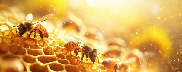 Honeybee on Honeycomb Closeup with Golden Light