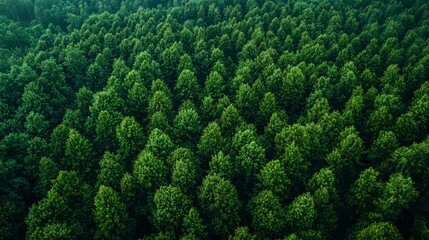 Wall Mural - aerial view of lush green forest showcasing a dense canopy in early summer light