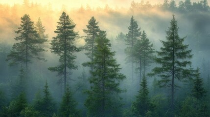Wall Mural - misty morning reveals a serene forest landscape with evergreen trees under soft golden sunlight at d
