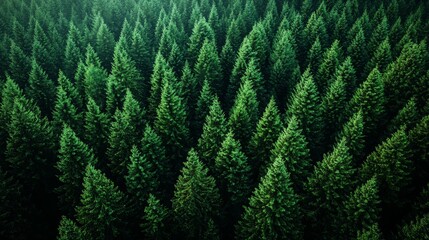 Wall Mural - dense evergreen forest landscape captured from above, showcasing lush greenery during daylight in a 