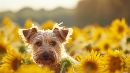 Wall Mural -  A tight shot of a dog amongst sunflowers in the foreground, with a softly blurred, overhead sky