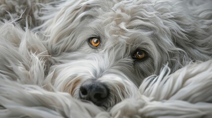 Wall Mural -  A tight shot of a dog's expressive face, adorned with dense fur around the muzzle and framing the eyes