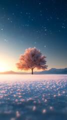 Wall Mural - A pink tree in a snowy winter scene with sparkling starlight