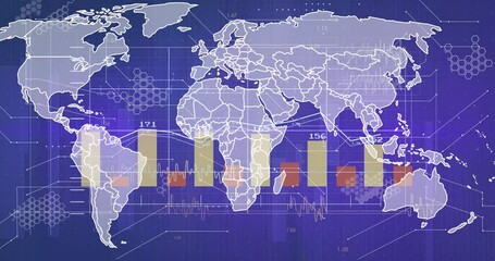 Poster - World map with bar graphs and hexagonal patterns, data analysis animation